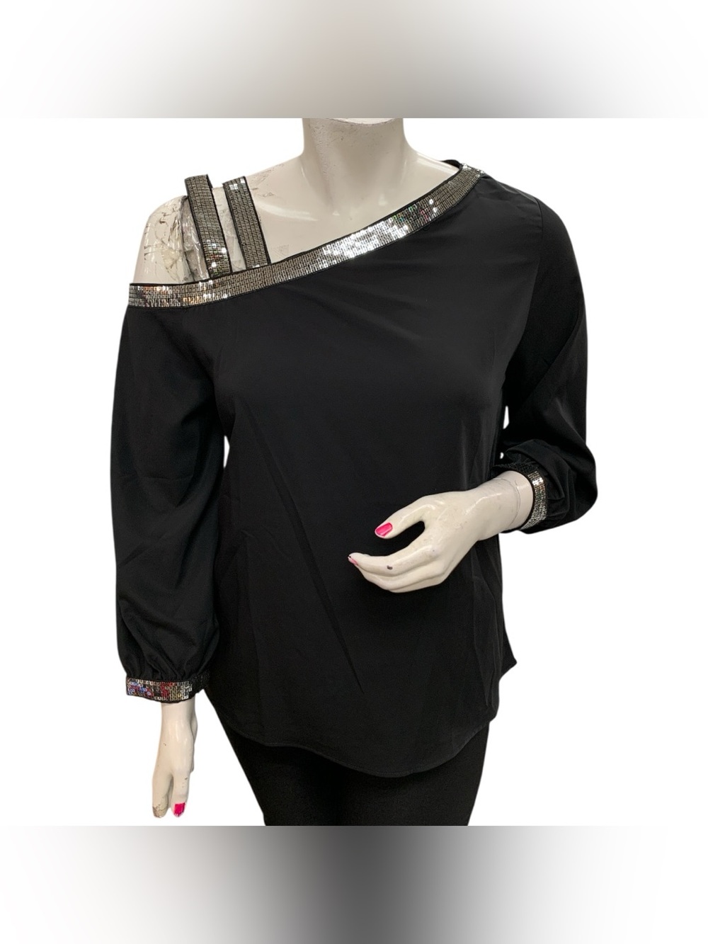 Sheilay NWT Black One-Shoulder Sequin-Trim Blouse Size XL